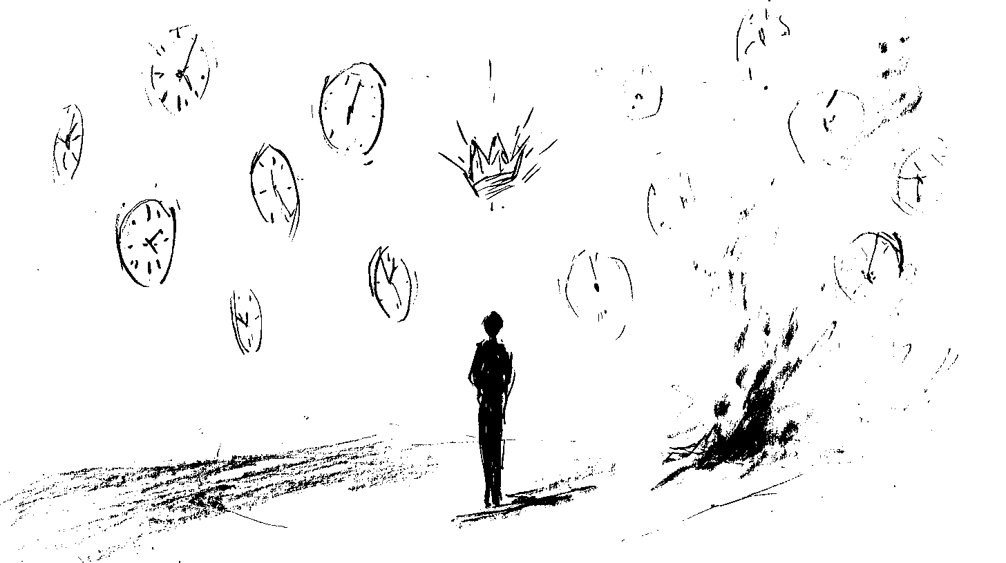 Ink drawing of a determined figure burning bridges, walking toward a crown through swirling clocks.