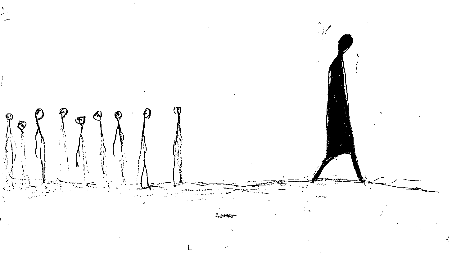 Lone figure departing a crowded room, every gaze following, embodying silent power.