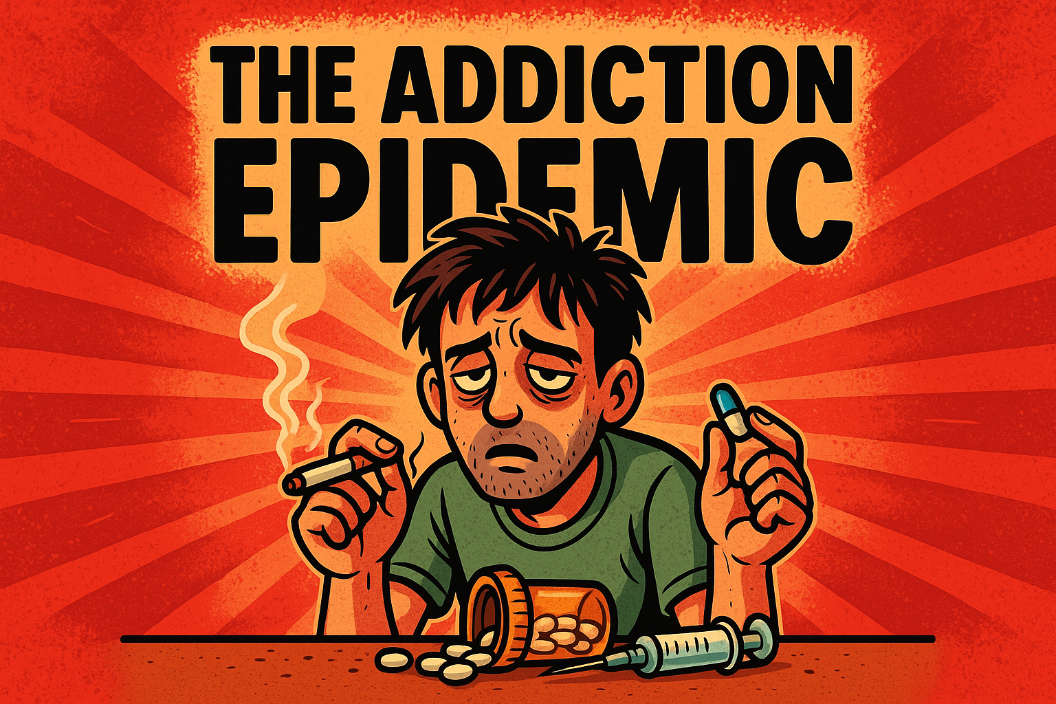 Cartoon-style image of a tired, disheveled man surrounded by pills, a cigarette, and a syringe, with bold text "THE ADDICTION EPIDEMIC" against a striking red background.